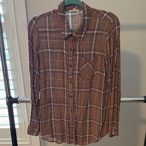 Brown Plaid Acid Wash Button Down